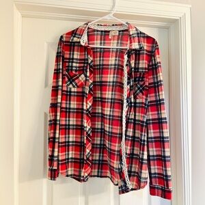 Passport Red & Navy Plaid Top w/ Lace Detail Women’s Small | Soft 100% Polyester